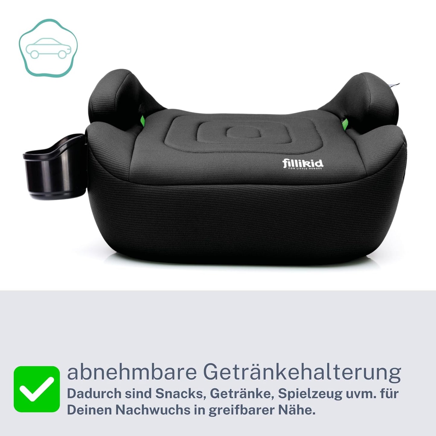 Fillikid Kinder Sitzerhöhung Auto mit Isofix i-Size (126–150 cm) inkl. Flaschenhalter
