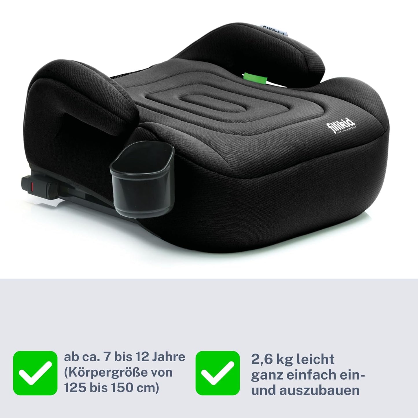 Fillikid Kinder Sitzerhöhung Auto mit Isofix i-Size (126–150 cm) inkl. Flaschenhalter