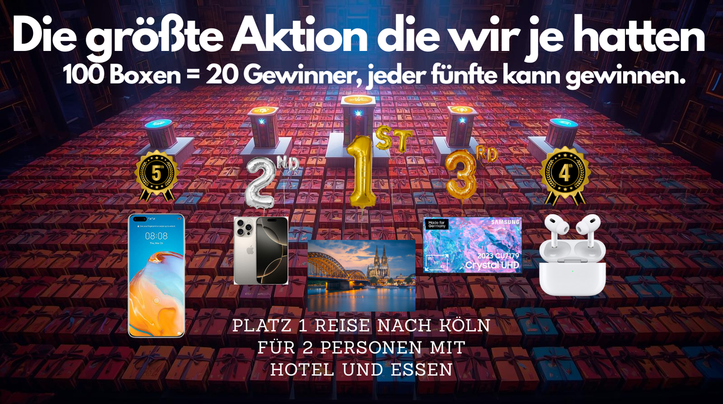 Größte Mega Aktion die wir je hatten 100 Boxen = 20 Gewinner (Platz 1 Reise für 2.P nach Köln)