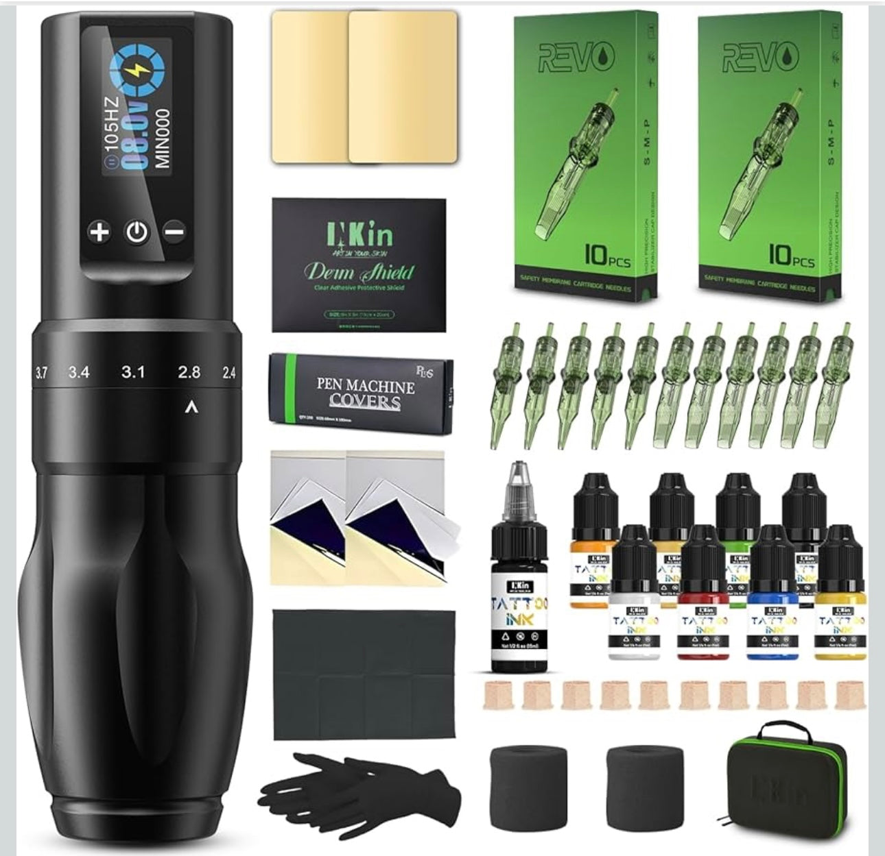 12 Stück INKin Tattoo Maschine Set, Tattoo Set mit Kabelloser Tattoo Maschine, Verstellbare Anschläg 2,0-4,0mm und 1600mAh Batterien, Tattoo Nadeln Set and Tattoo Ink für Tattoo Anfänger und Künstle