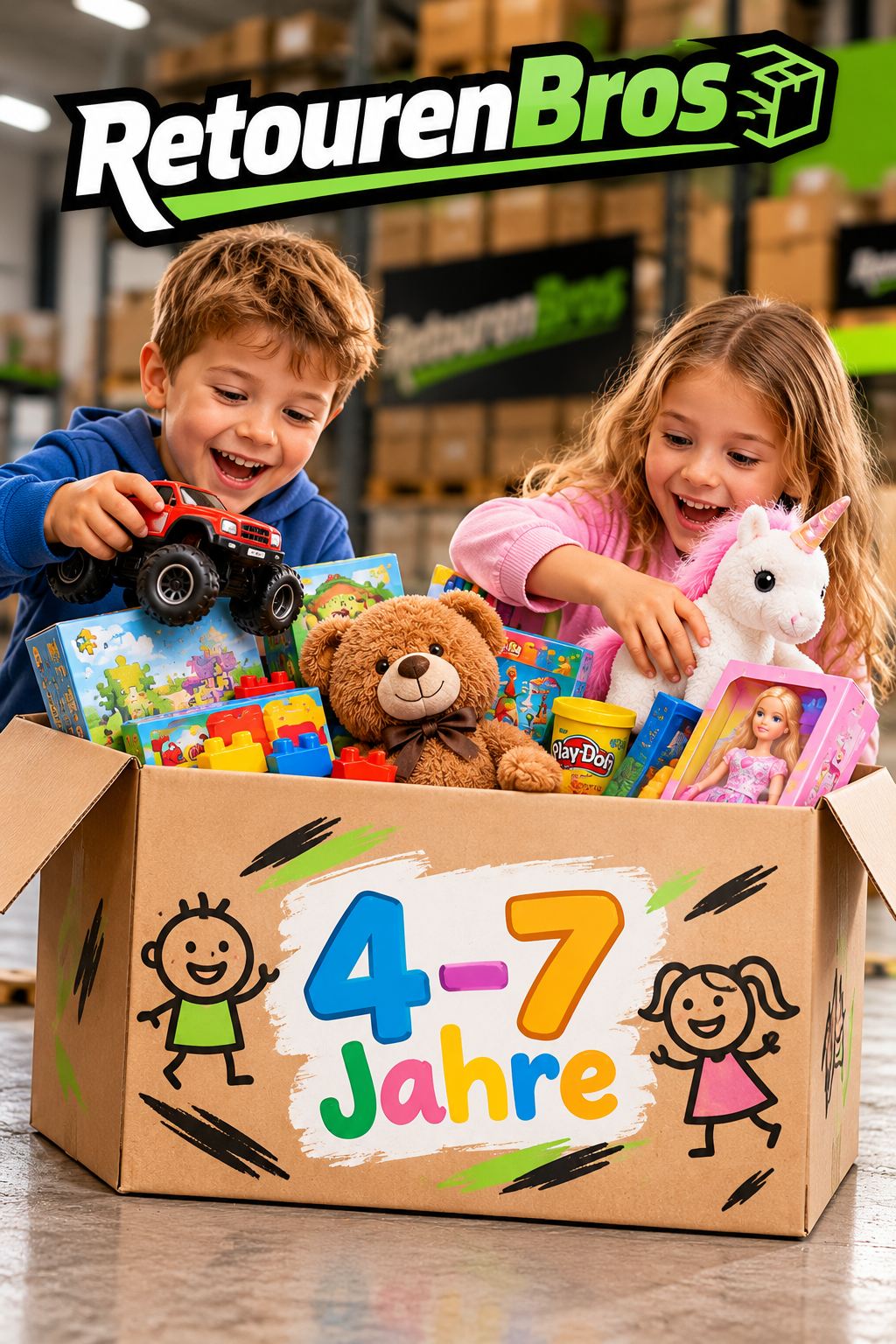 RetourenBros Kinder Spiel Mix Box | 4–7 Jahre | Junge & Mädchen | Warenwert 50 €, 75 € oder 100 €