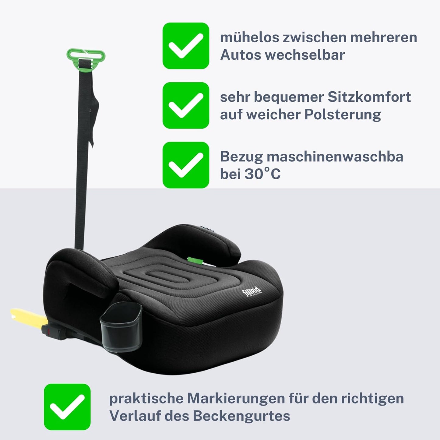 Fillikid Kinder Sitzerhöhung Auto mit Isofix i-Size (126–150 cm) inkl. Flaschenhalter