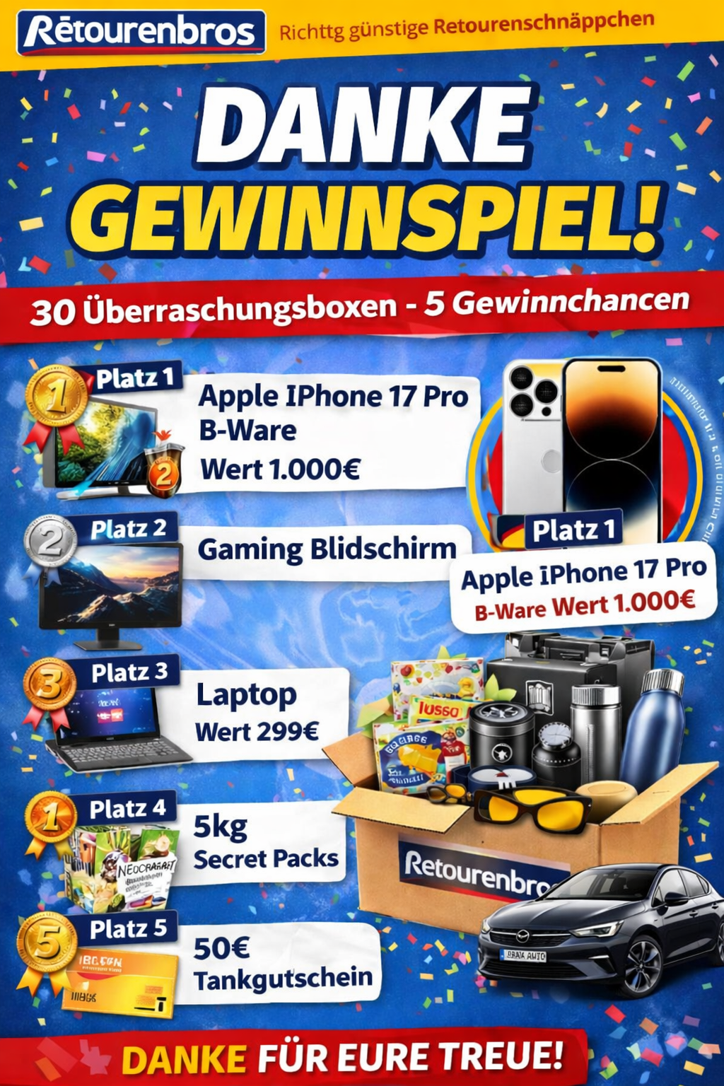 Danke GEWINNSPIEL AKTION 🎉 25 Boxen & 5 Gewinner Hauptgewinn Apple Iphone 17 Pro Max