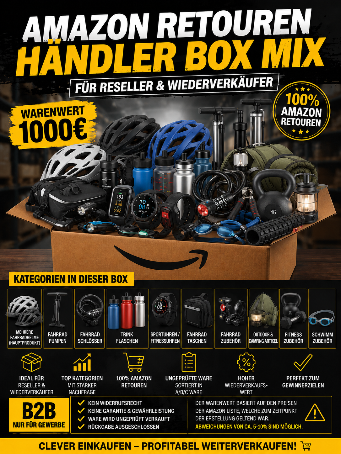 Amazon Retouren Händler Box XXL | Cycling, Outdoors & More | ca. 1.000 € Warenwert | 100 % Amazon Retouren | B2B für Reseller