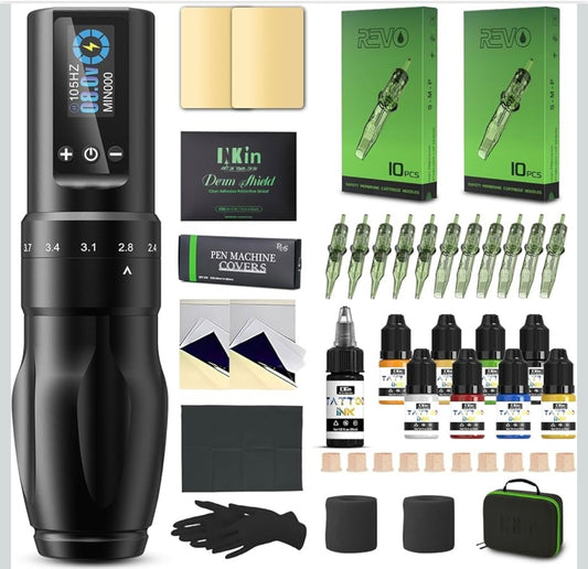 12 Stück INKin Tattoo Maschine Set, Tattoo Set mit Kabelloser Tattoo Maschine, Verstellbare Anschläg 2,0-4,0mm und 1600mAh Batterien, Tattoo Nadeln Set and Tattoo Ink für Tattoo Anfänger und Künstle