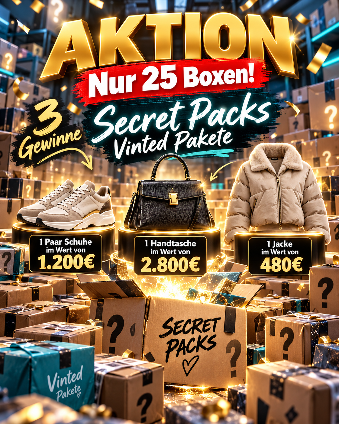 Elite Premium Secret Packs Vinted Aktion – 25 Boxen | 3 exklusive Luxus Gewinne