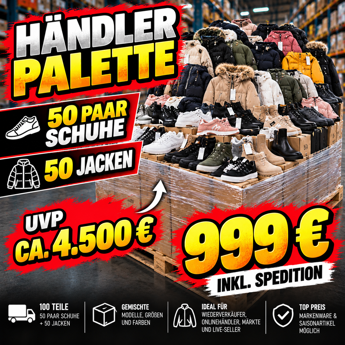 Händler Palette – 50 Paar Schuhe + 50 Jacken | ca. 4.500€ Verkaufswert + Gratis Versand