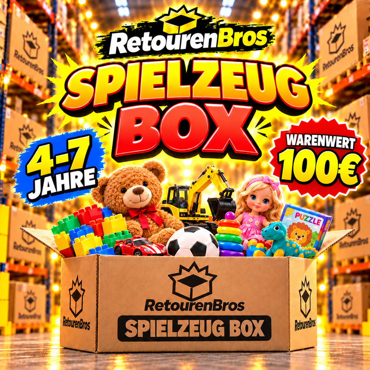 RetourenBros Kinder Spiel Mix Box | 4–7 Jahre | Junge & Mädchen | Warenwert 50 €, 75 € oder 100 €